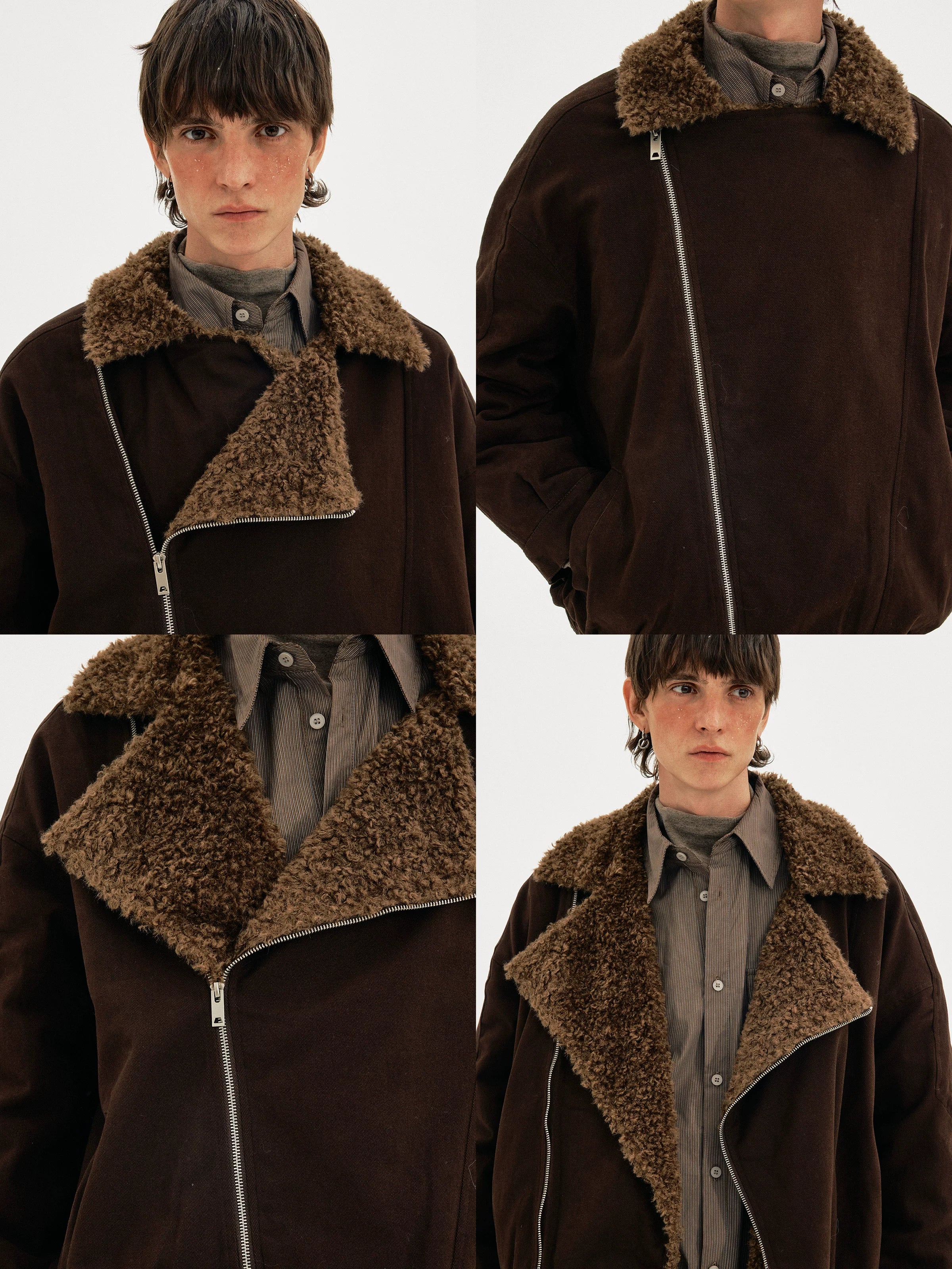 MADWITCH Vintage Slant Zipper Lamb Fur Collar Cotton Clothing