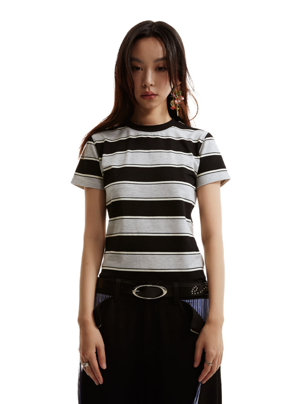 FUNKYFUN UNISEX Contrast Striped Front Shoulder Tee