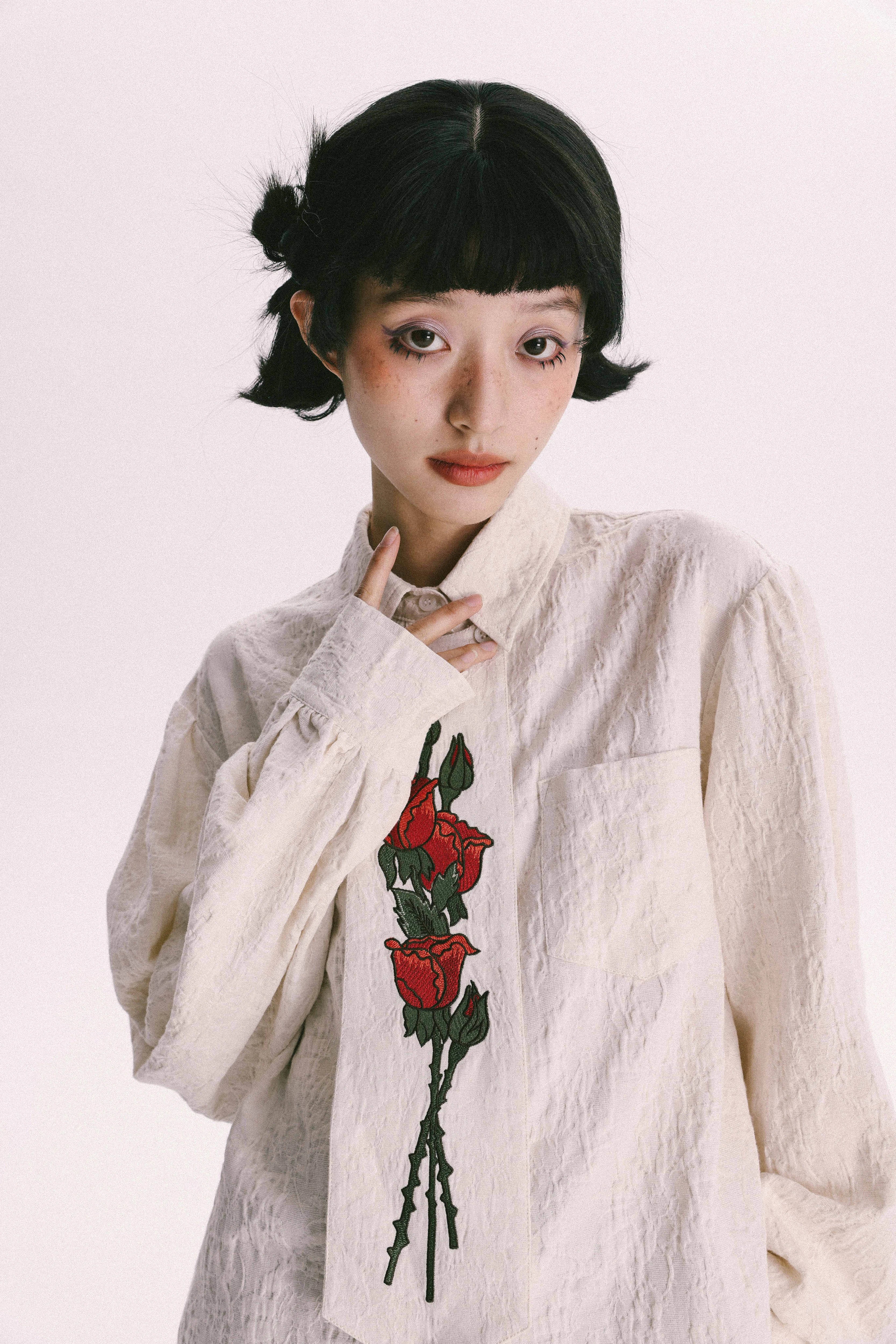 YEDM] Rose Embroidered Vintage Shirt