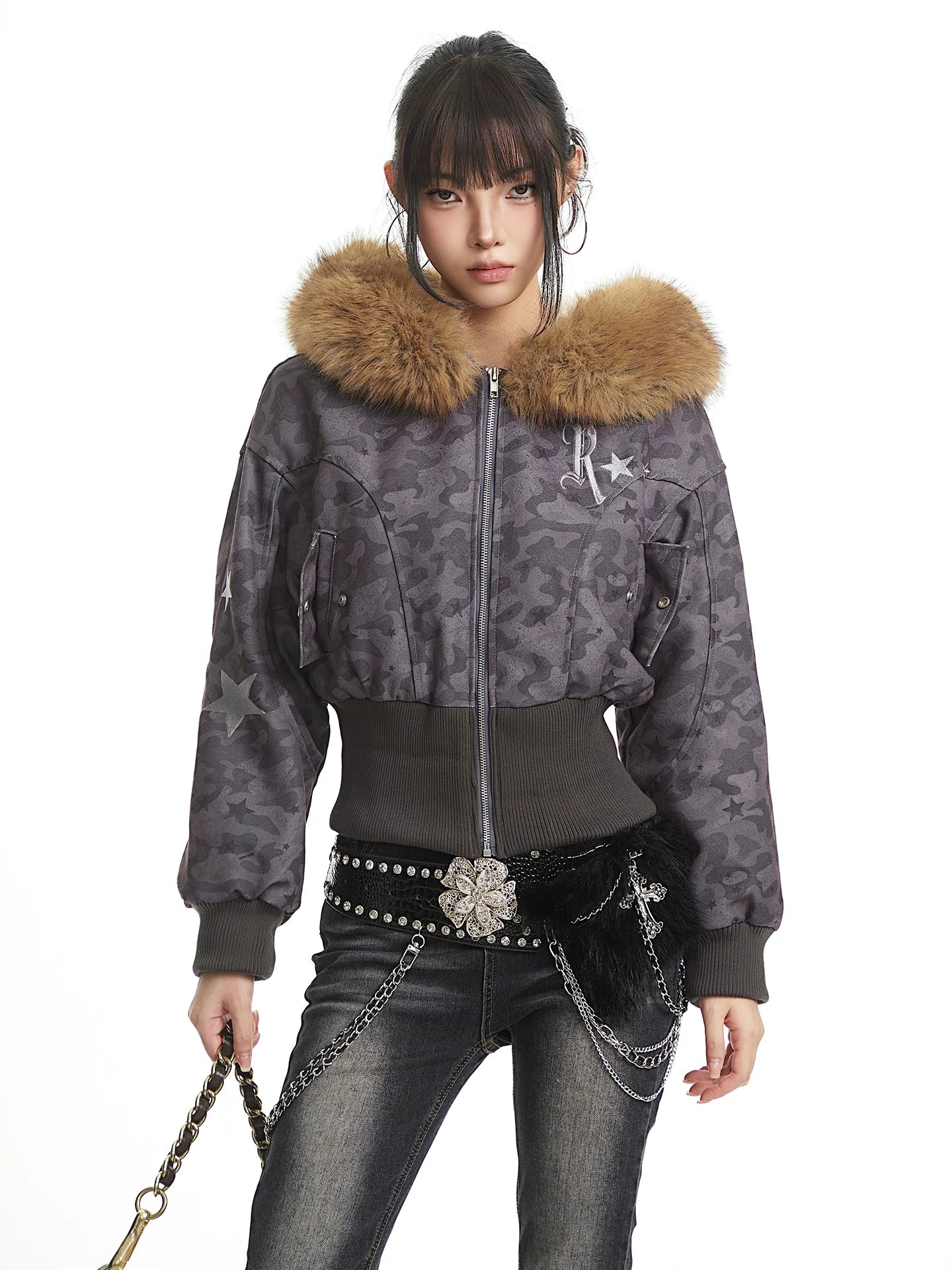 UNCMHISEX Vintage Camouflage Fleece Collar Fleece Waist Short Jacket