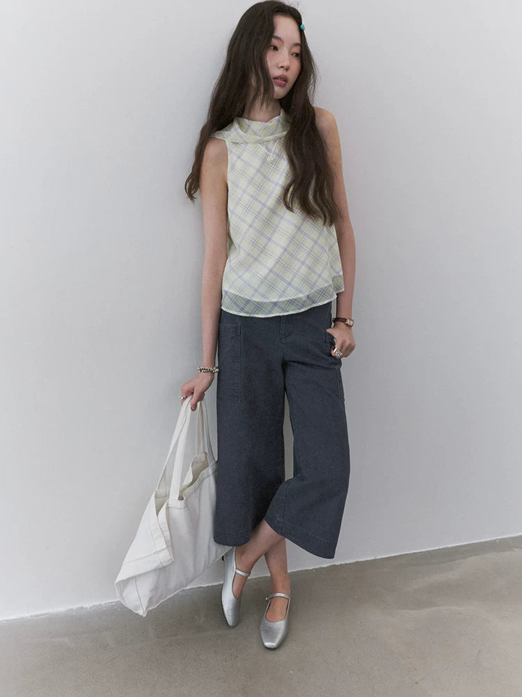VOOE Contrasting Color Plaid Streamer Vest Shirt