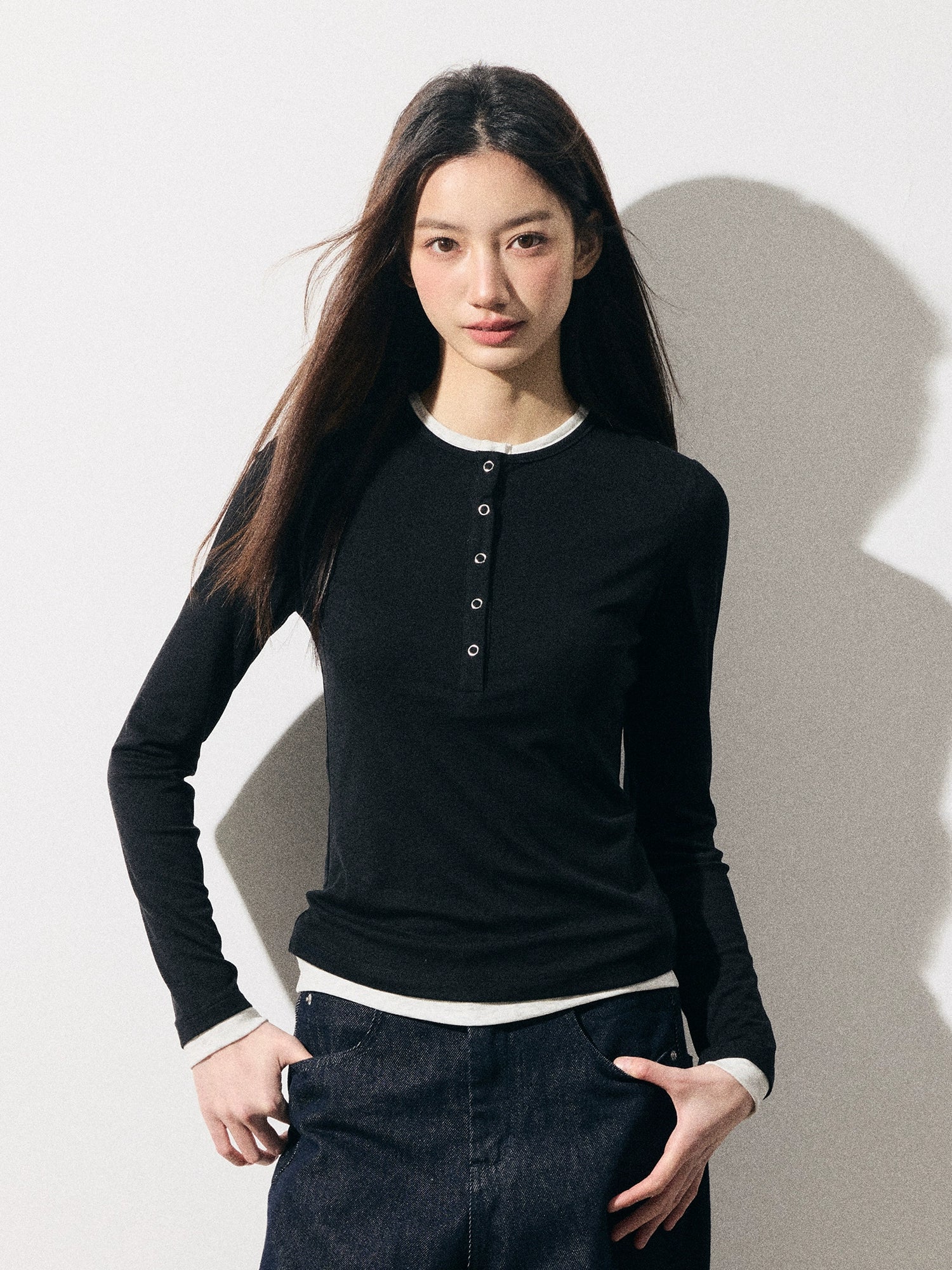 RPB BRAND Thin Henry Collar Fake Two Long Sleeve Knitted Overcoat