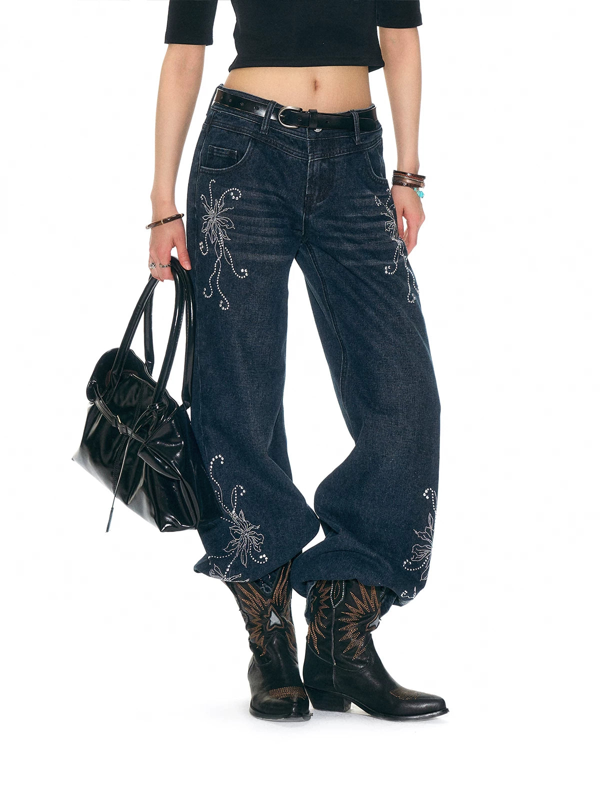 LOUMUTAKU Handmade Hot Diamond Floral Wide Leg Jeans
