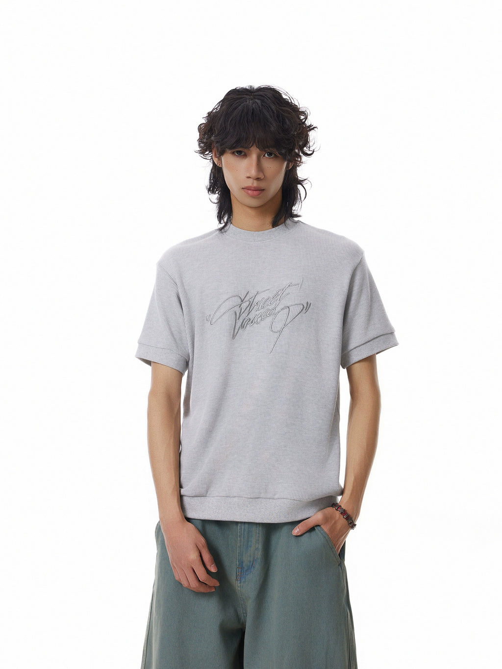 BTSG Embroidery Letter Waffle Threaded Cuff Tee
