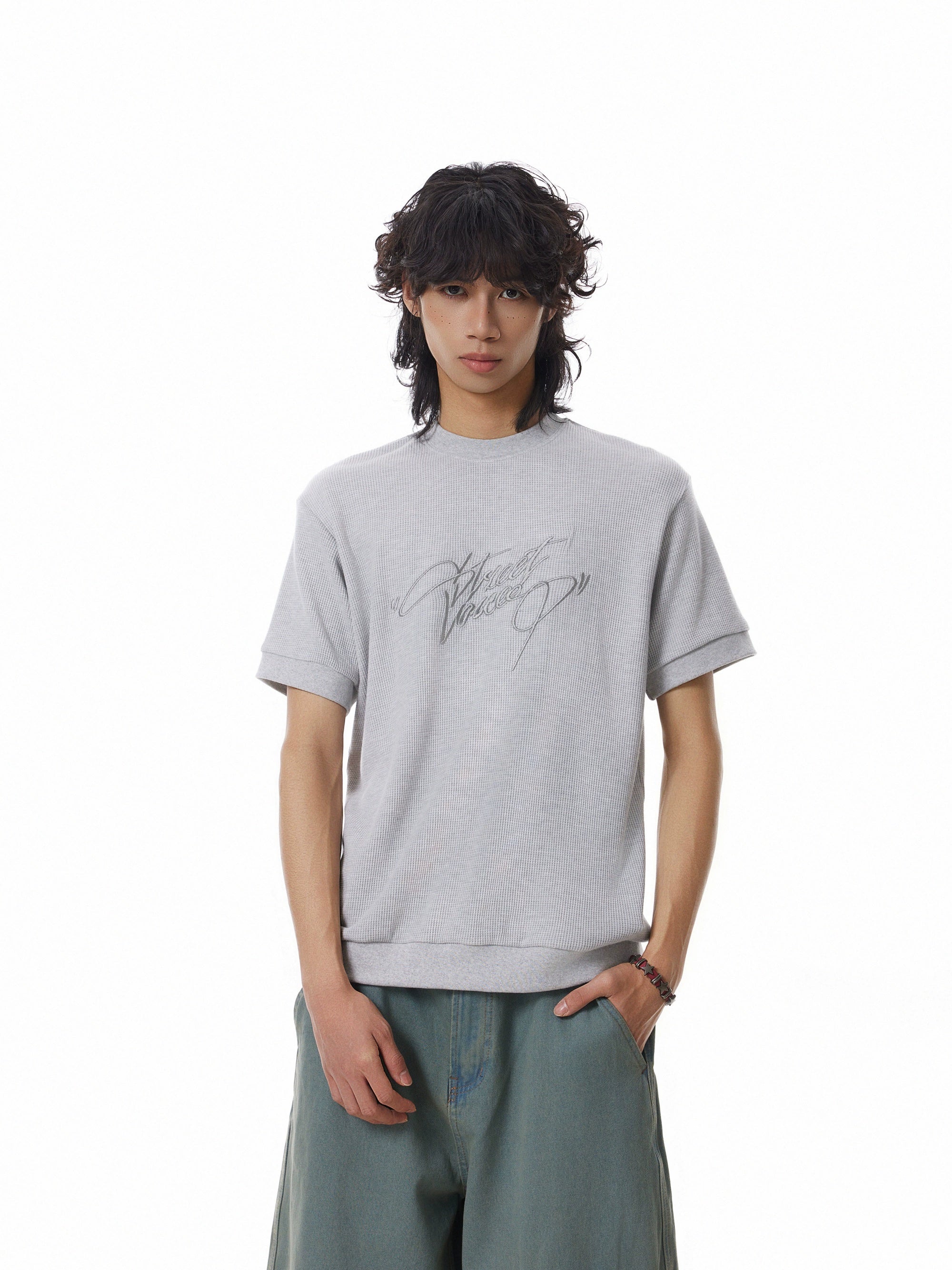 BTSG Embroidery Letter Waffle Threaded Cuff Tee