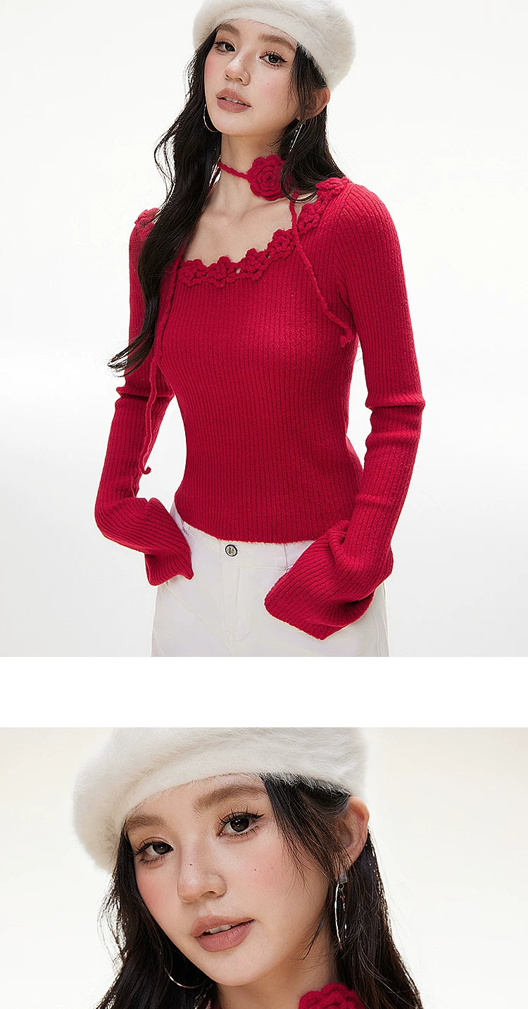 Imone U Neckline Three-dimensional Rose Decorative Long Sleeve