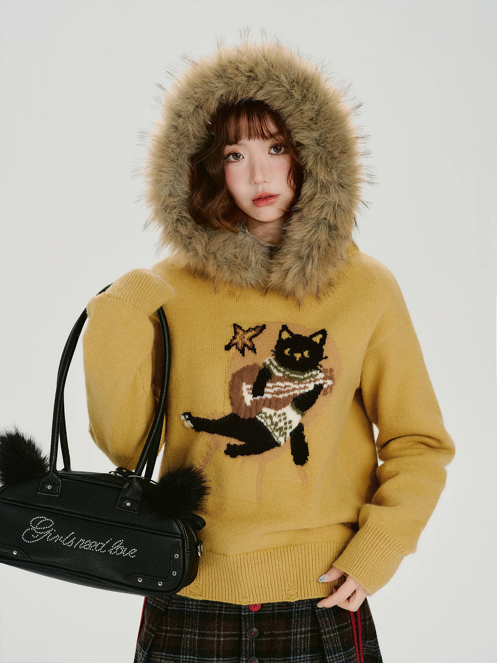 Girlyhalo Vintage Jacquard Collar Hooded Knitted Sweater