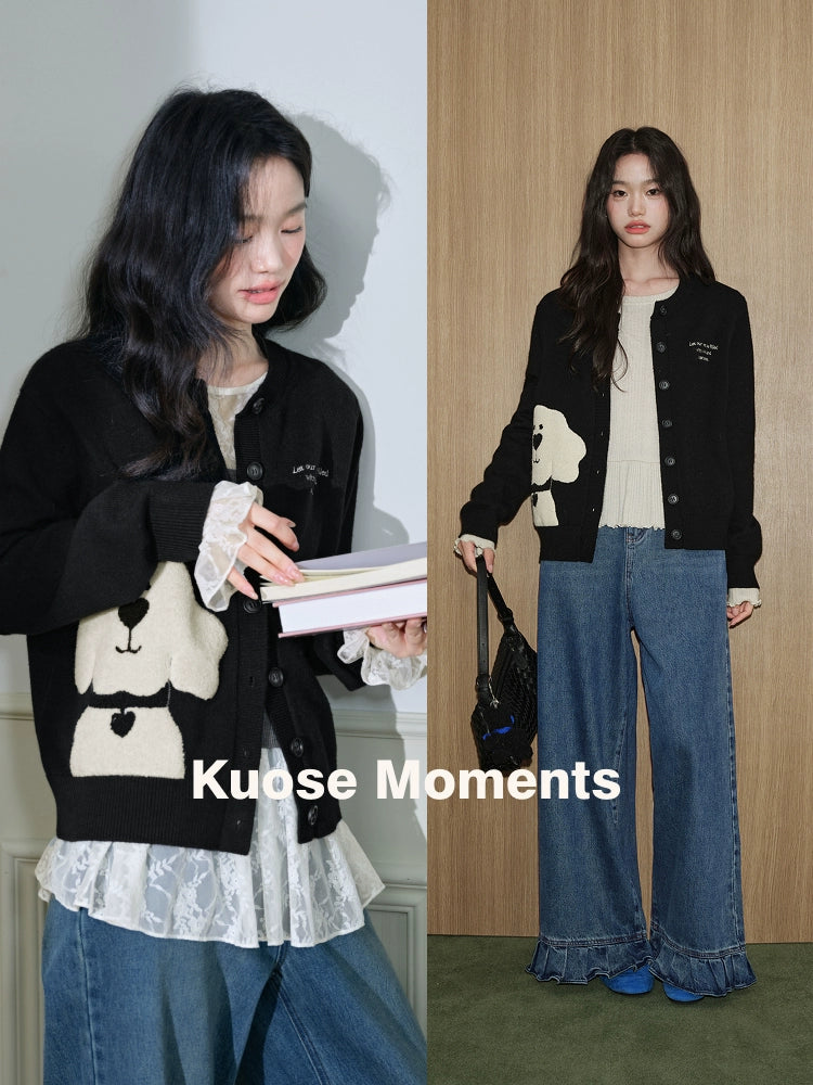 Kuose Embroidered Puppy Knitted Cardigan Jacket