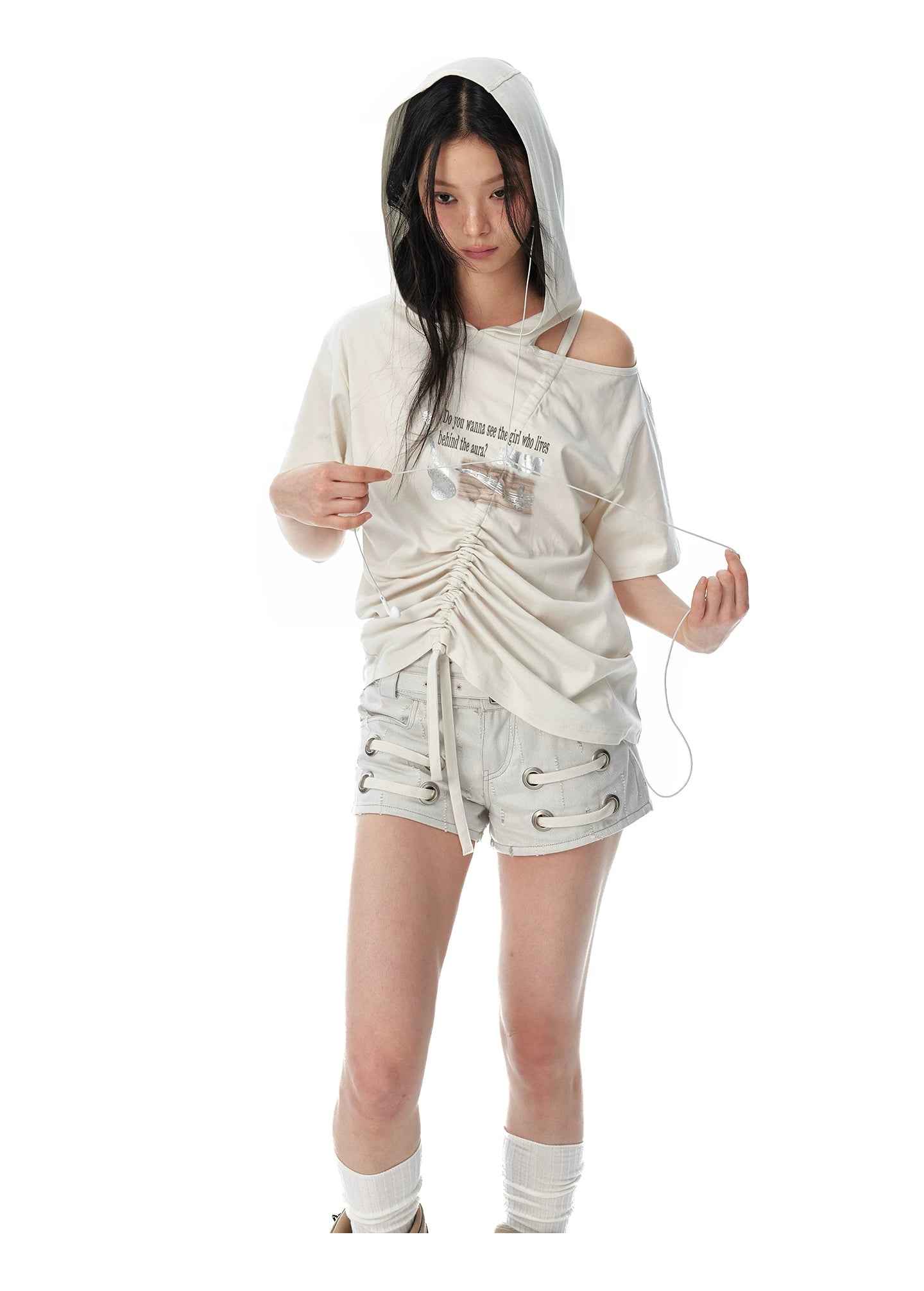 JIKOO Slanted Shoulder Hooded Loose Tee