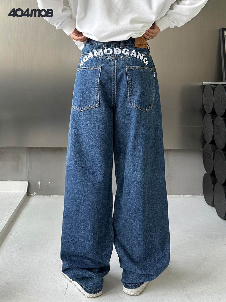 404MOB High Waist Letter Embroidery Straight Jeans