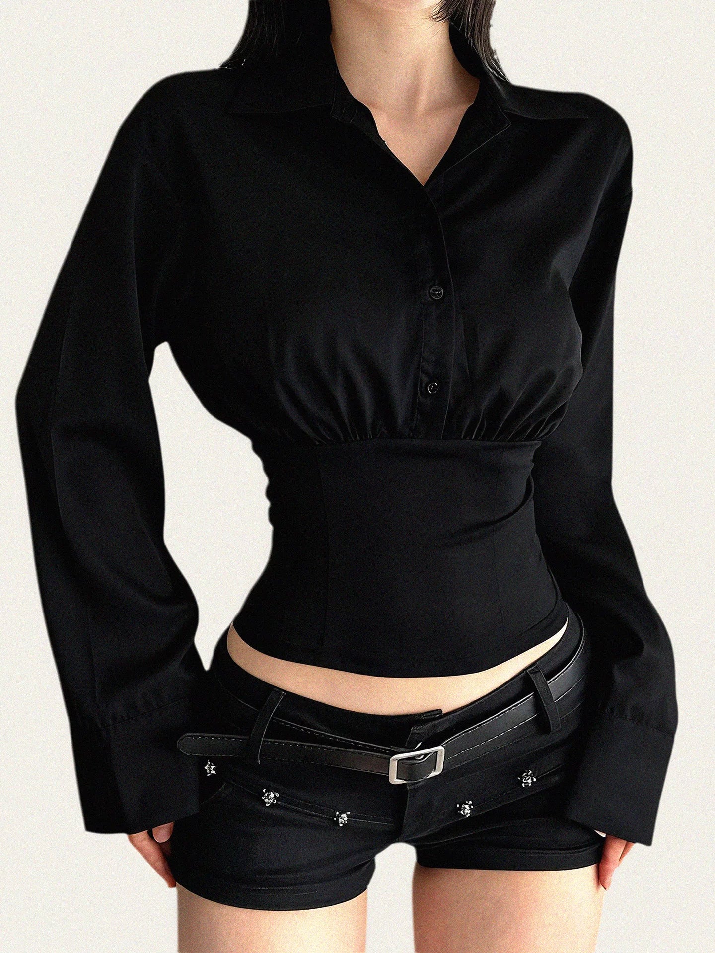 FUNOFF Retro Lapel Waist Slim Long-sleeved Shirt