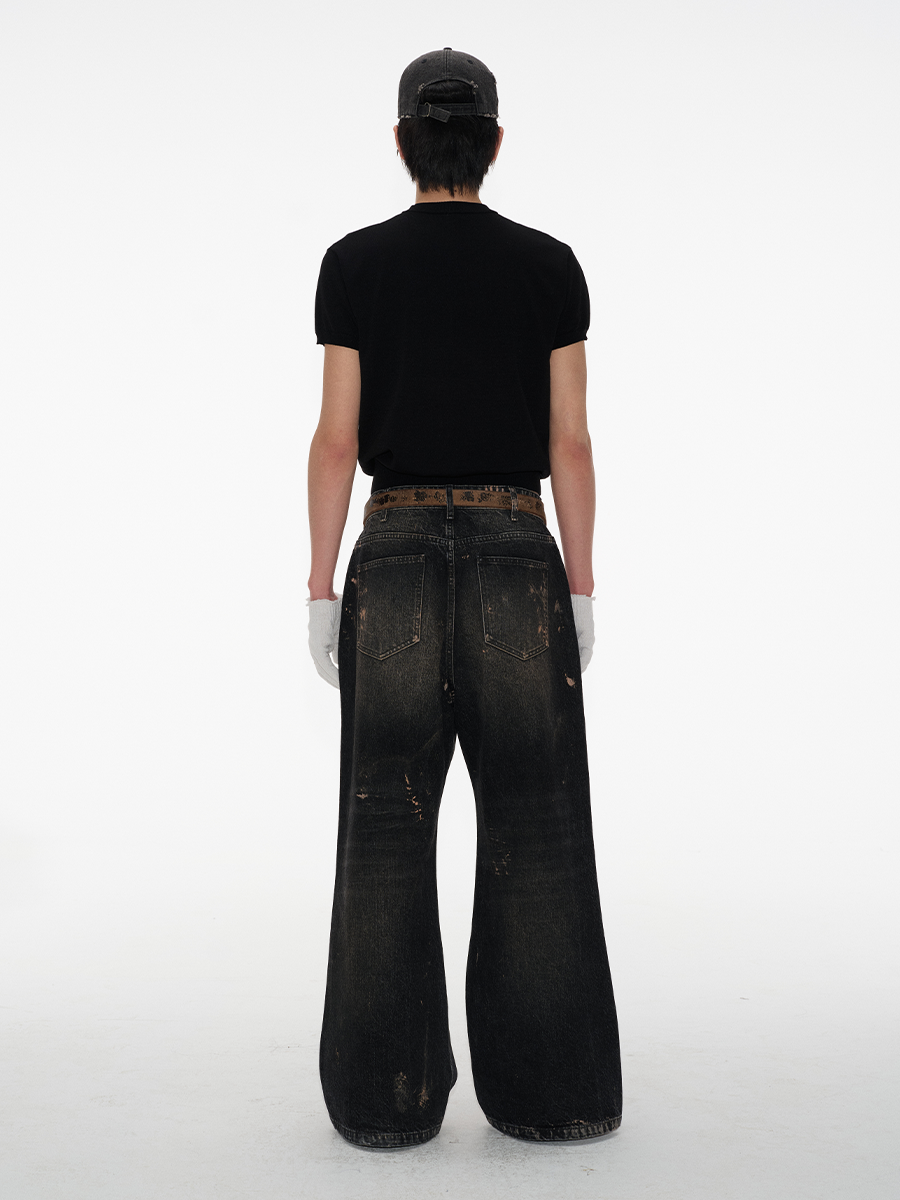 JCAESAR Paint Wipe Dirty Straight Loose Jeans