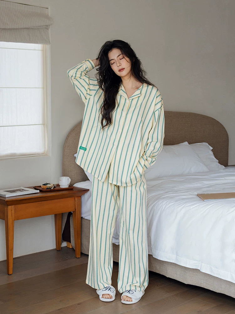 YUENEI Casual Striped Cotton Long Pajamas