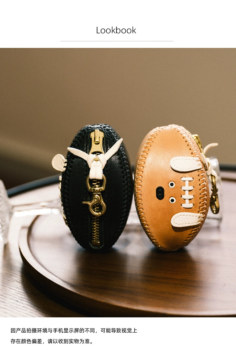 HALF WORK first layer cowhide key bag, genuine leather retro handmade football bag, earphone bag, key bag.