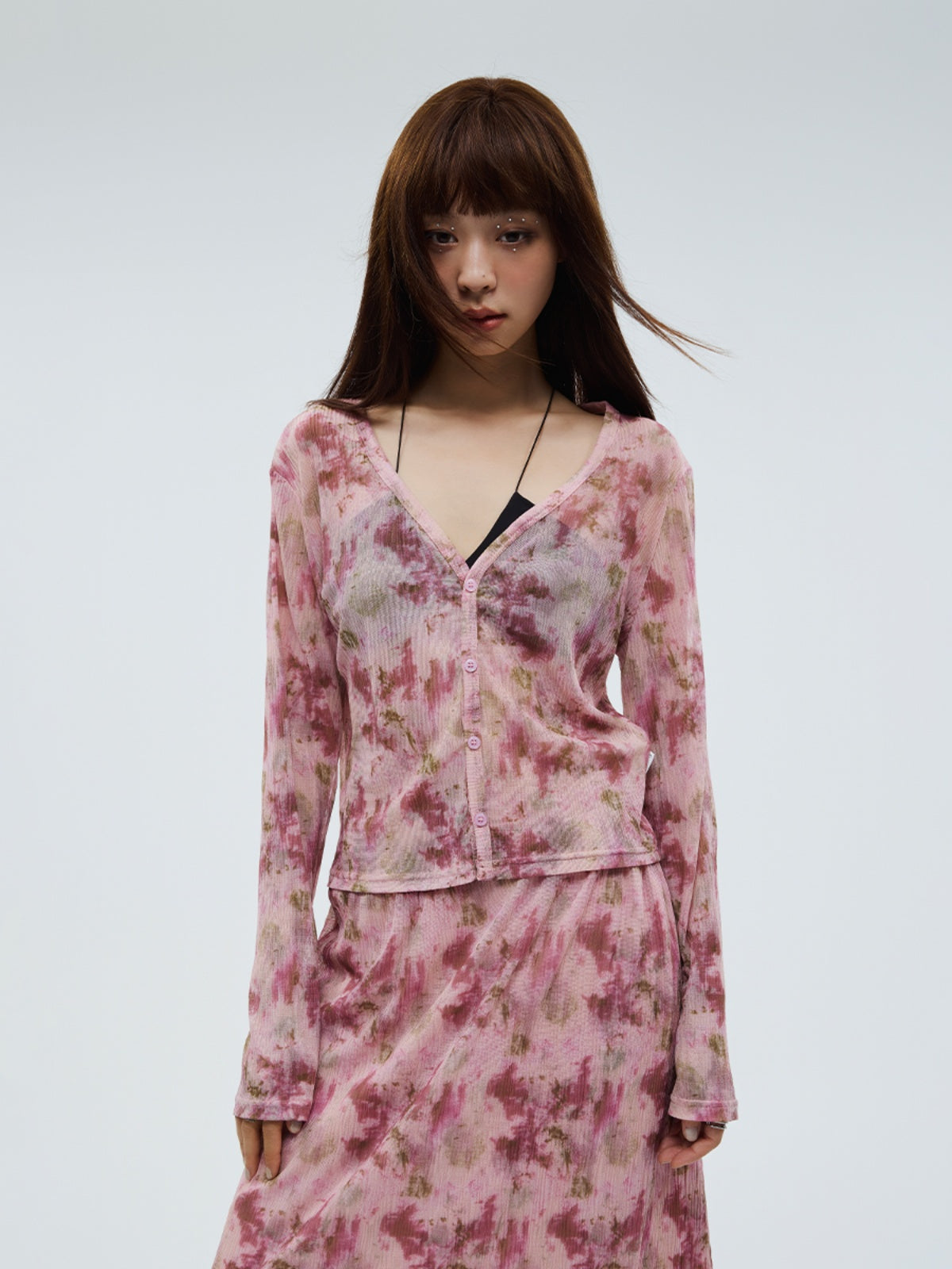 FUNKYFUN Floral Pleated Texture V-neck Cardigan Short Jacket