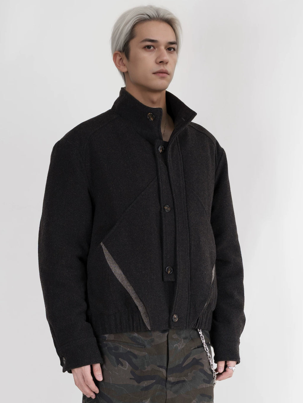 PERDU Double Placket Deconstruction Wool Splicing Stand-up Collar Color Matching Cotton Clothes