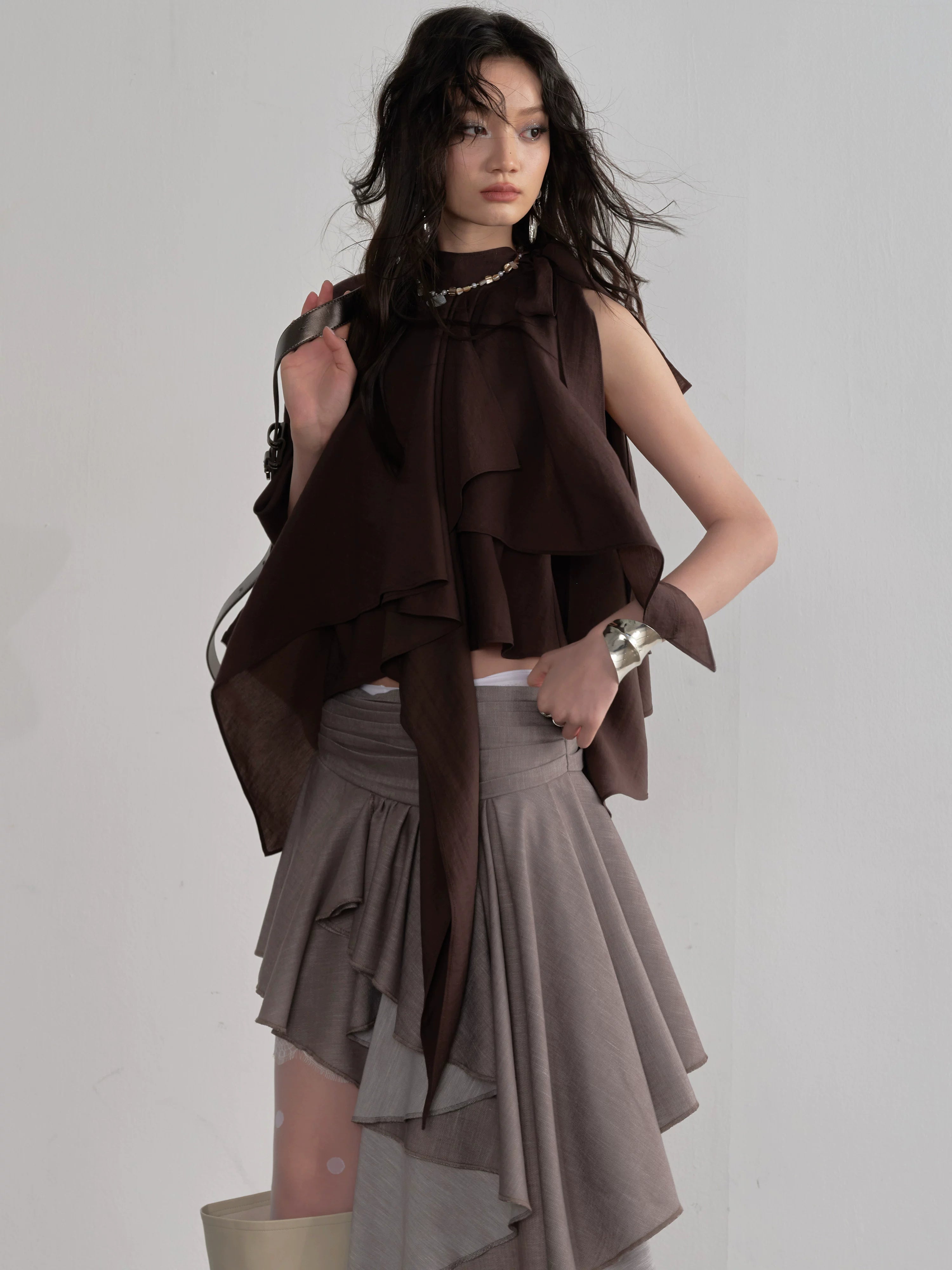 JNYLON Vintage Lace Stitching Asymmetrical Skirt