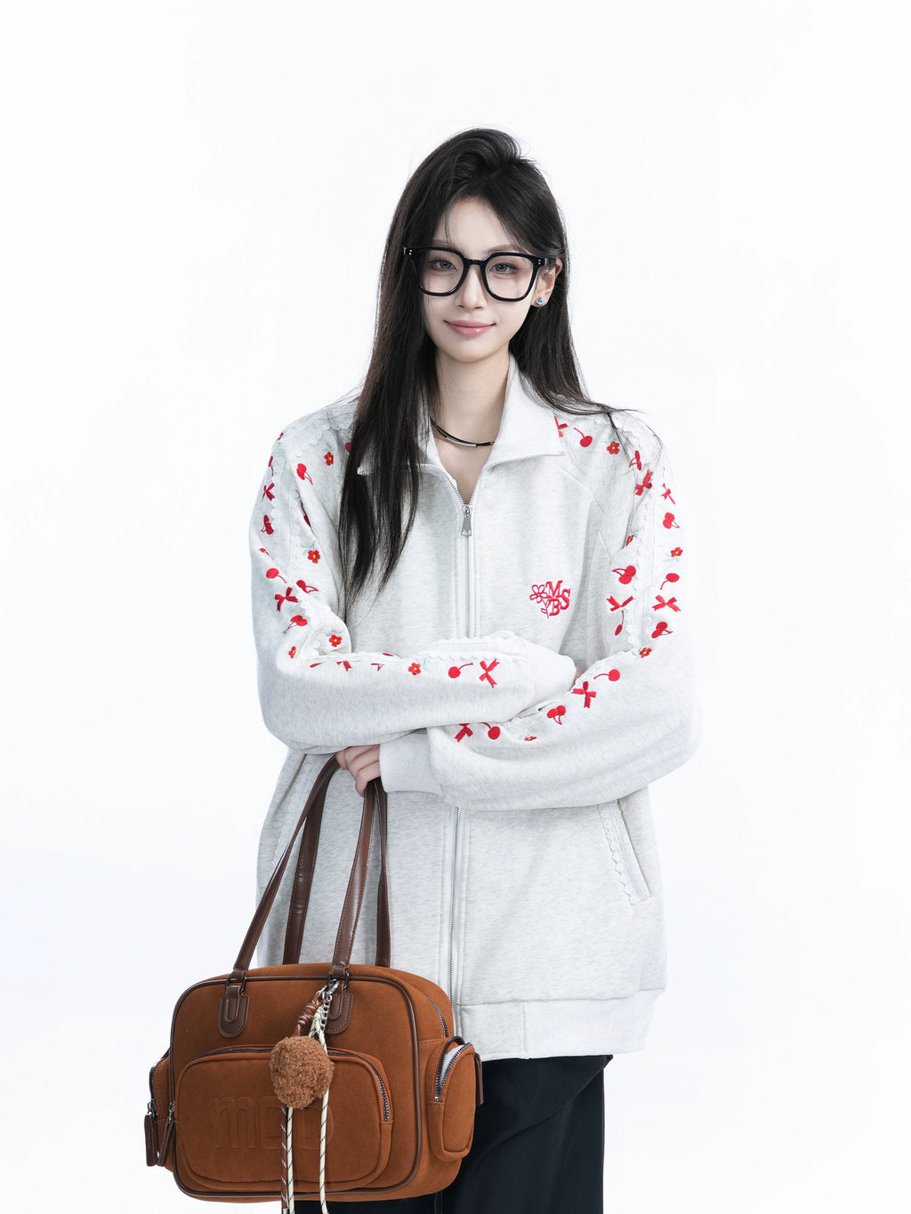 Zuocisankon Vintage Cherry Bow Embroidered Cardigan Sweater
