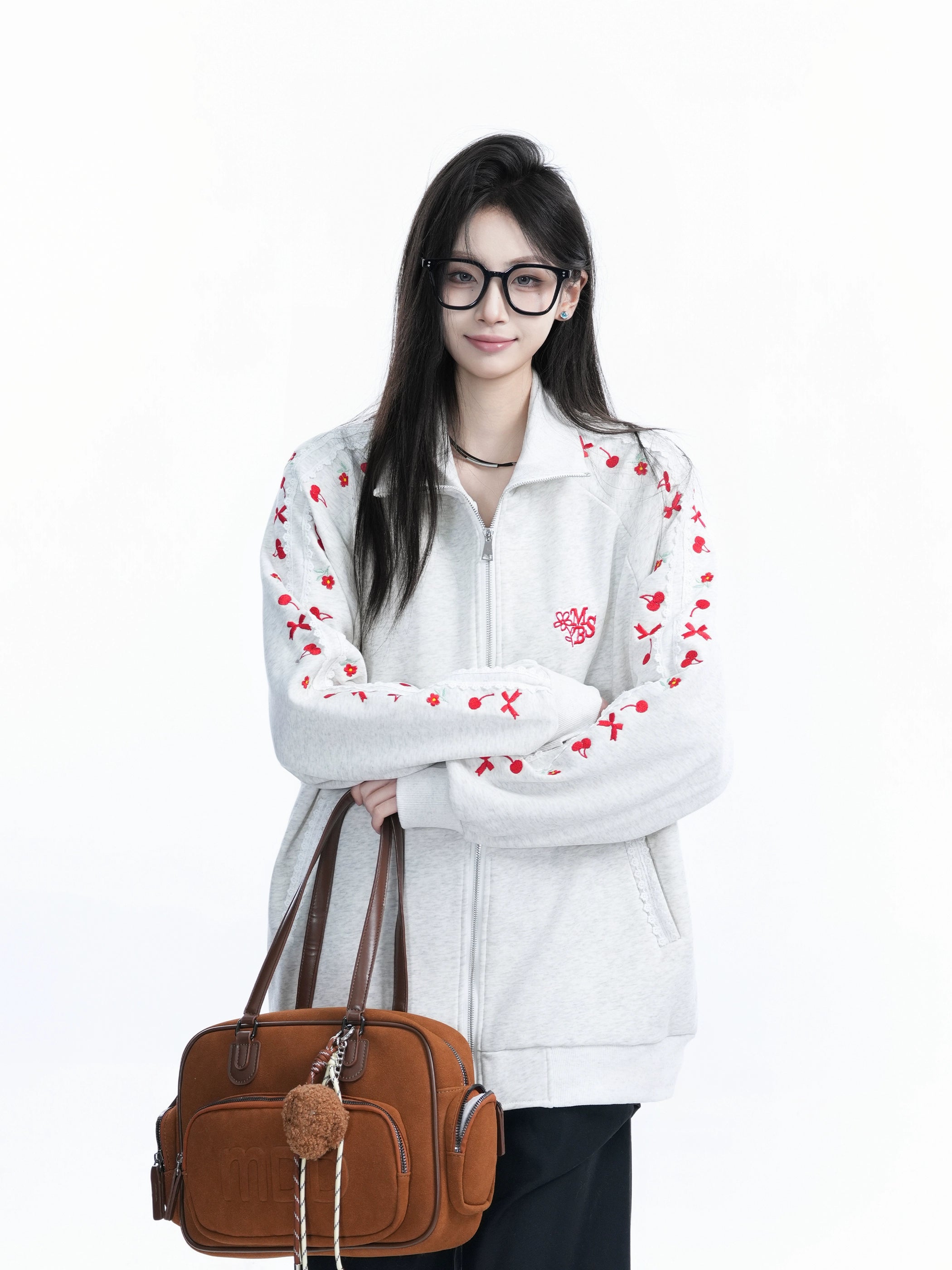 Zuocisankon Vintage Cherry Bow Embroidered Cardigan Sweater