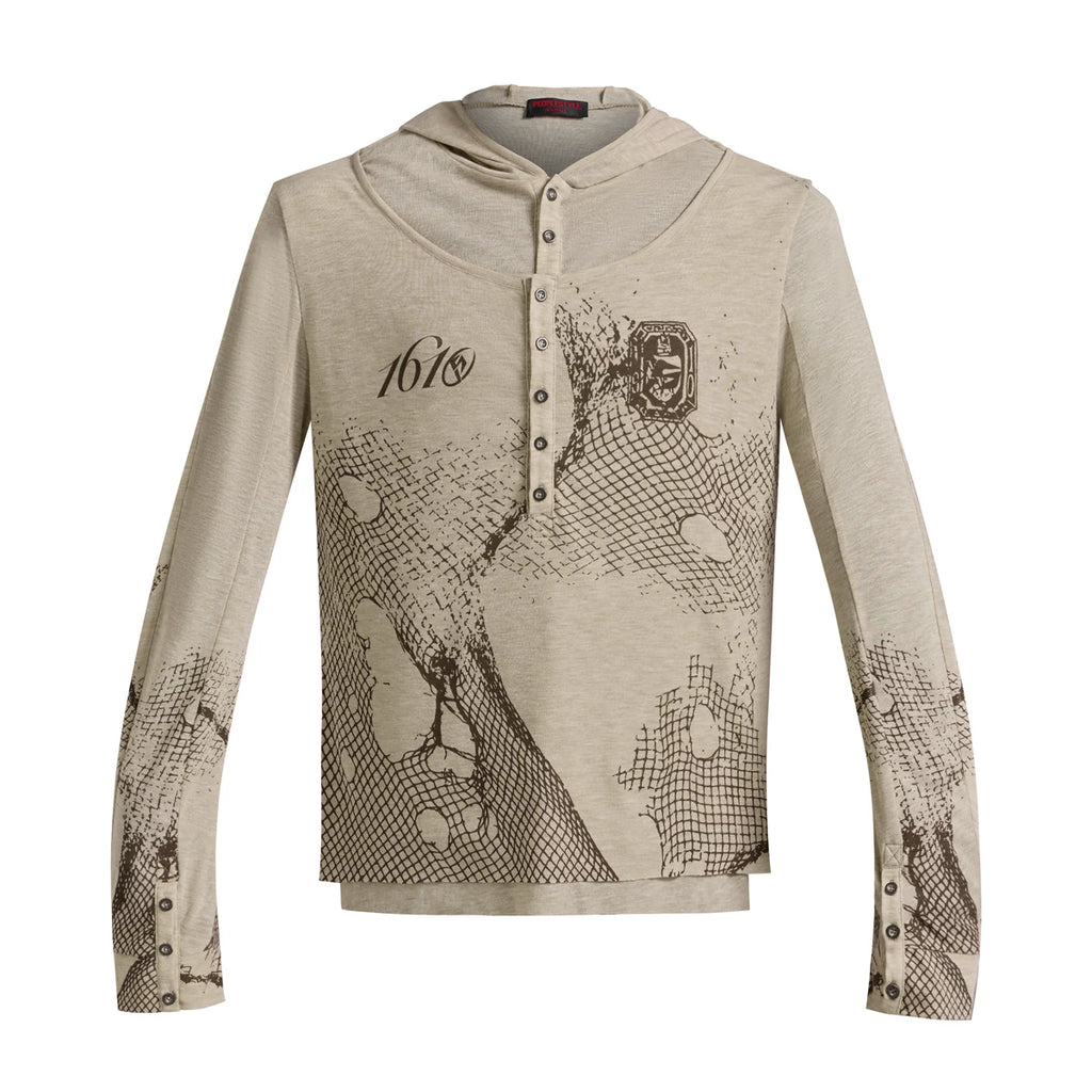 PEOPLESENSE Reticulated Slim-fit Fake Two-piece Hooded Long Sleeve