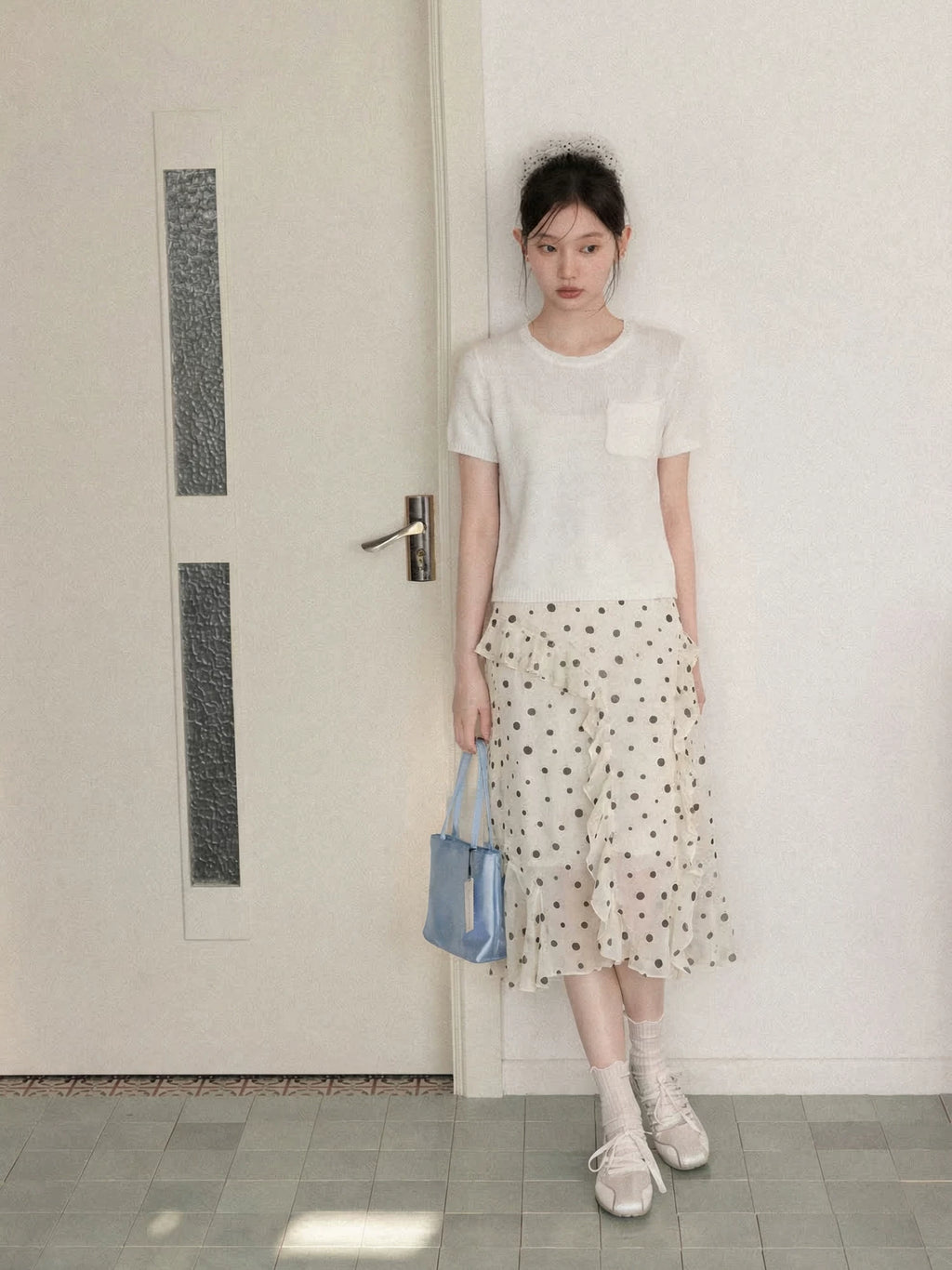 Cantonstory Crew Neck Shoulder Skinny Knitted Tee
