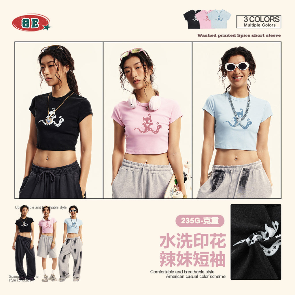 BE Women's Short Sleeve Slim Fit Shoulder Dopamine Crop Top
