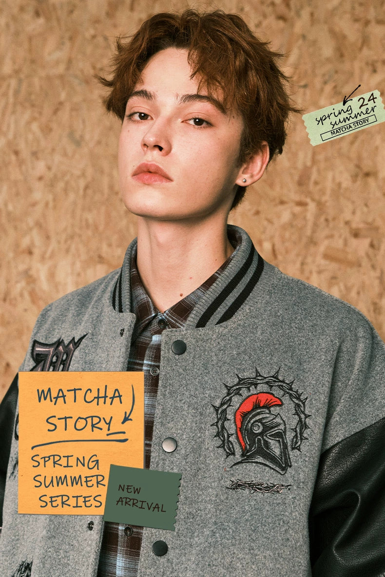 MATCHA STORY Leather Embroidered Baseball Jacket