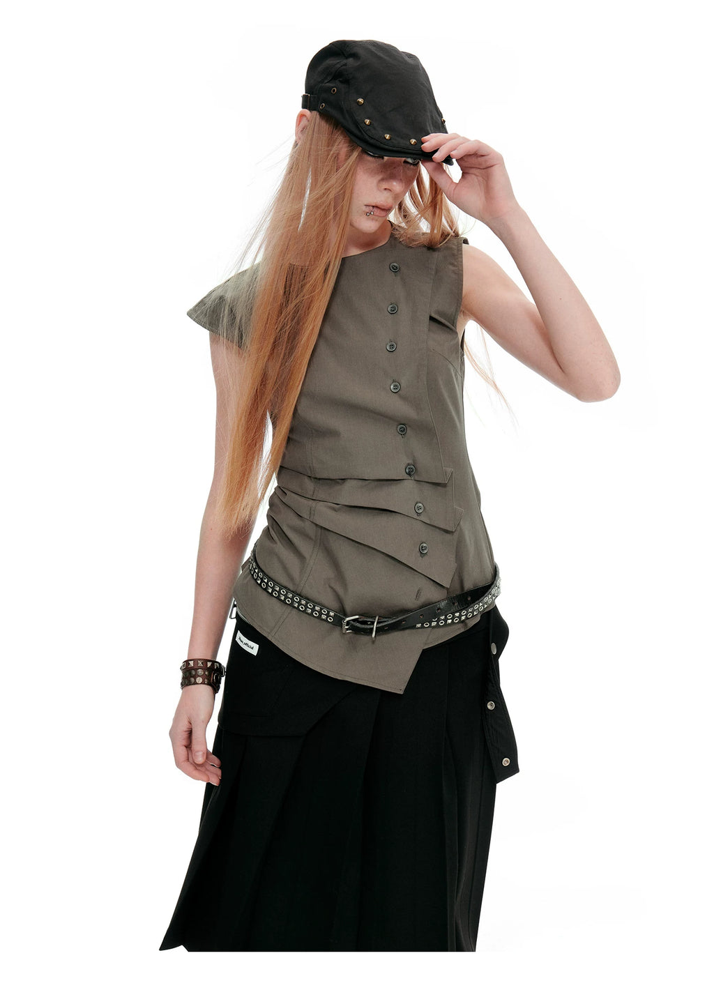 JIKOO Diagonal-breasted Waist-pleated Sleeveless Shirt