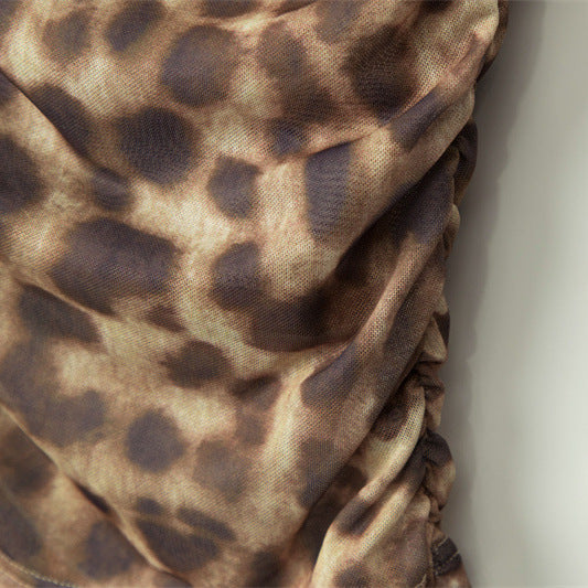 Nariele Irregular Slant Neck Leopard Patch Hottie Pleated Vest