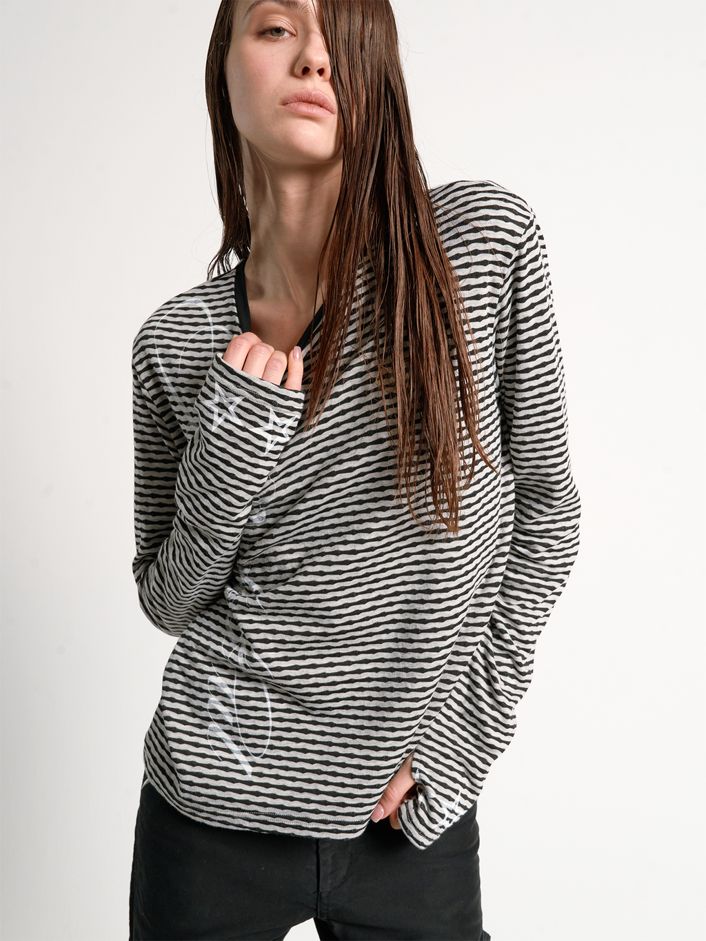 NoEmosen Stripe Print Splicing Crew Neck Long Sleeve