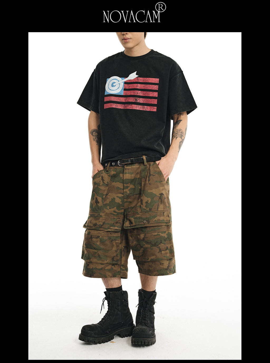 NOVACAM wasteland wind retro camouflage baggy heavy mottled old black cropped pants