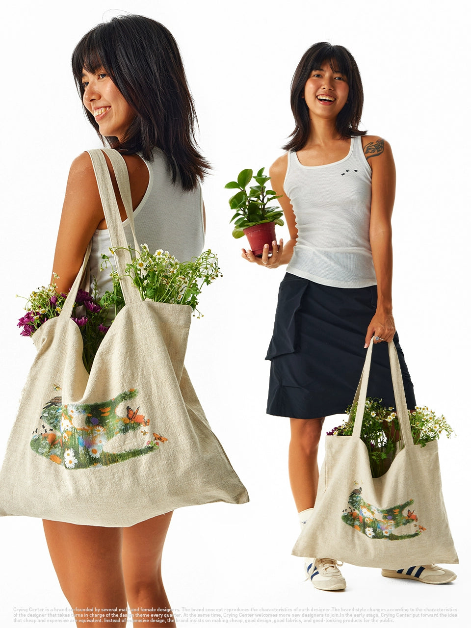 CryingCenter 3C Flower and Bird Large Capacity Linen Canvas Bag