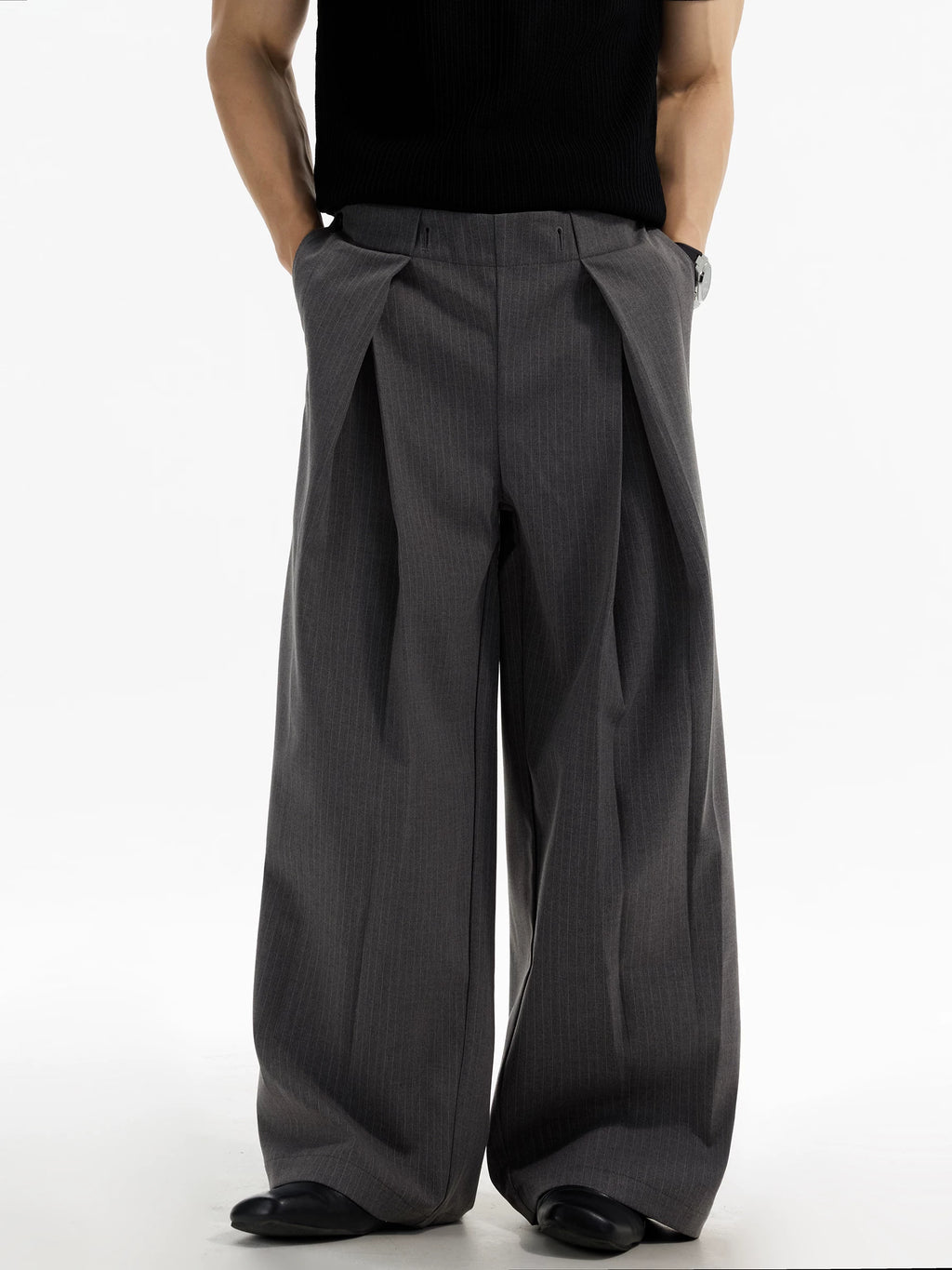 DAY NY Striped Wide-leg Pleated Straight Trousers