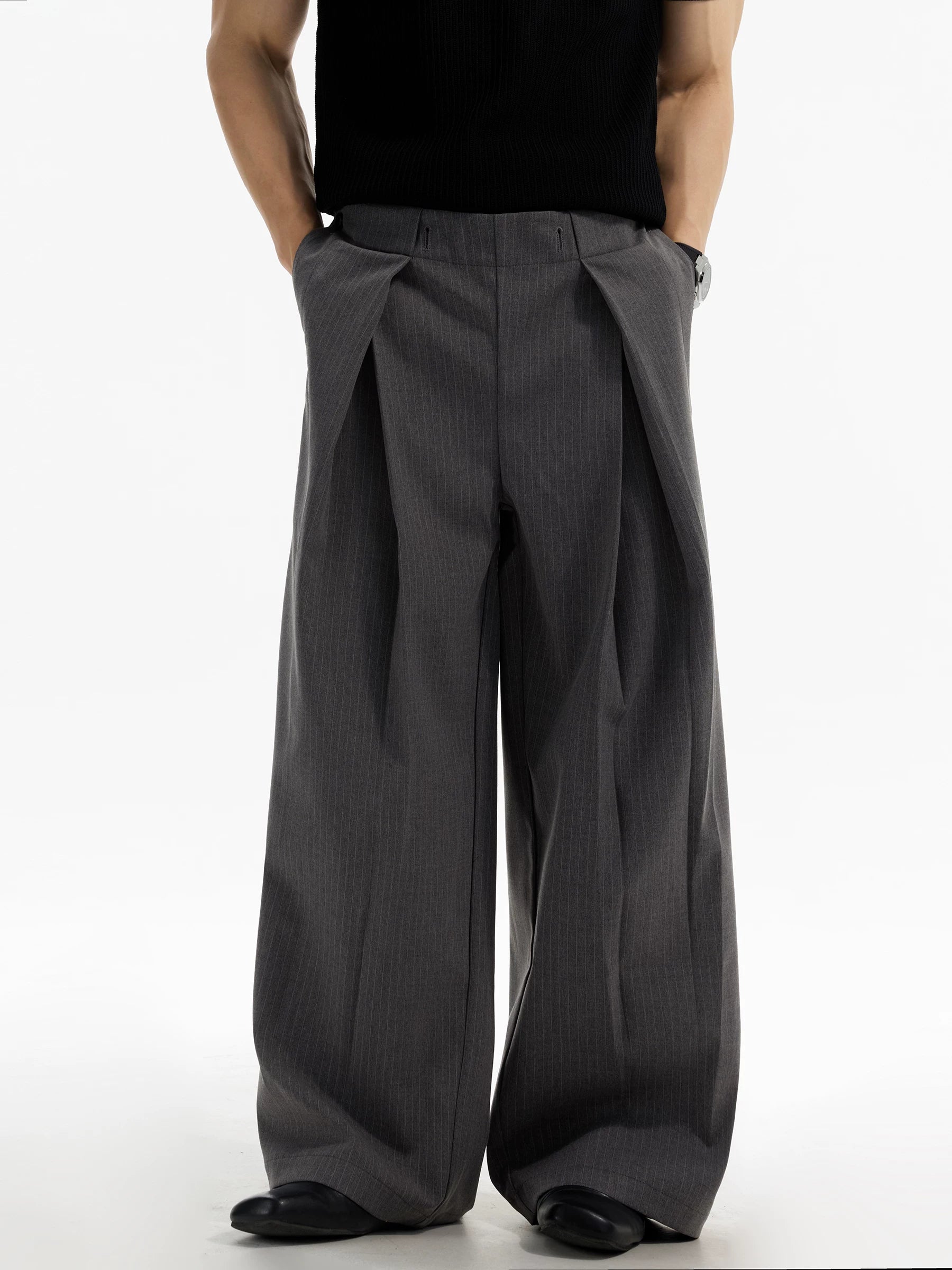DAY NY Striped Wide-leg Pleated Straight Trousers