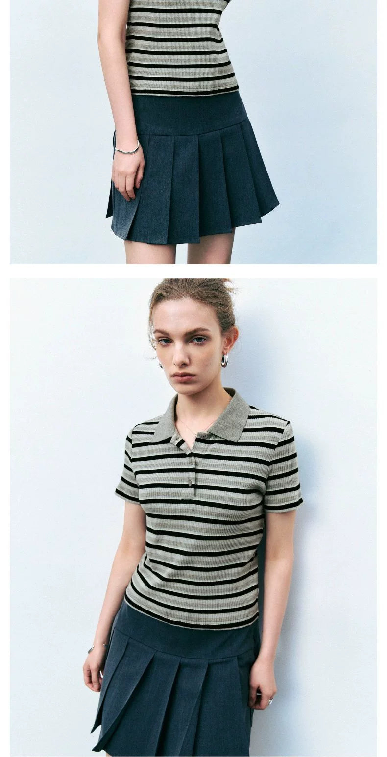 URBAN REVIVO College Color Contrasting Striped T-shirt Polo Shirt