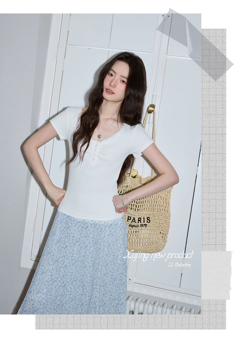 XUJING Front Shoulder Lace Slim Slim Tee