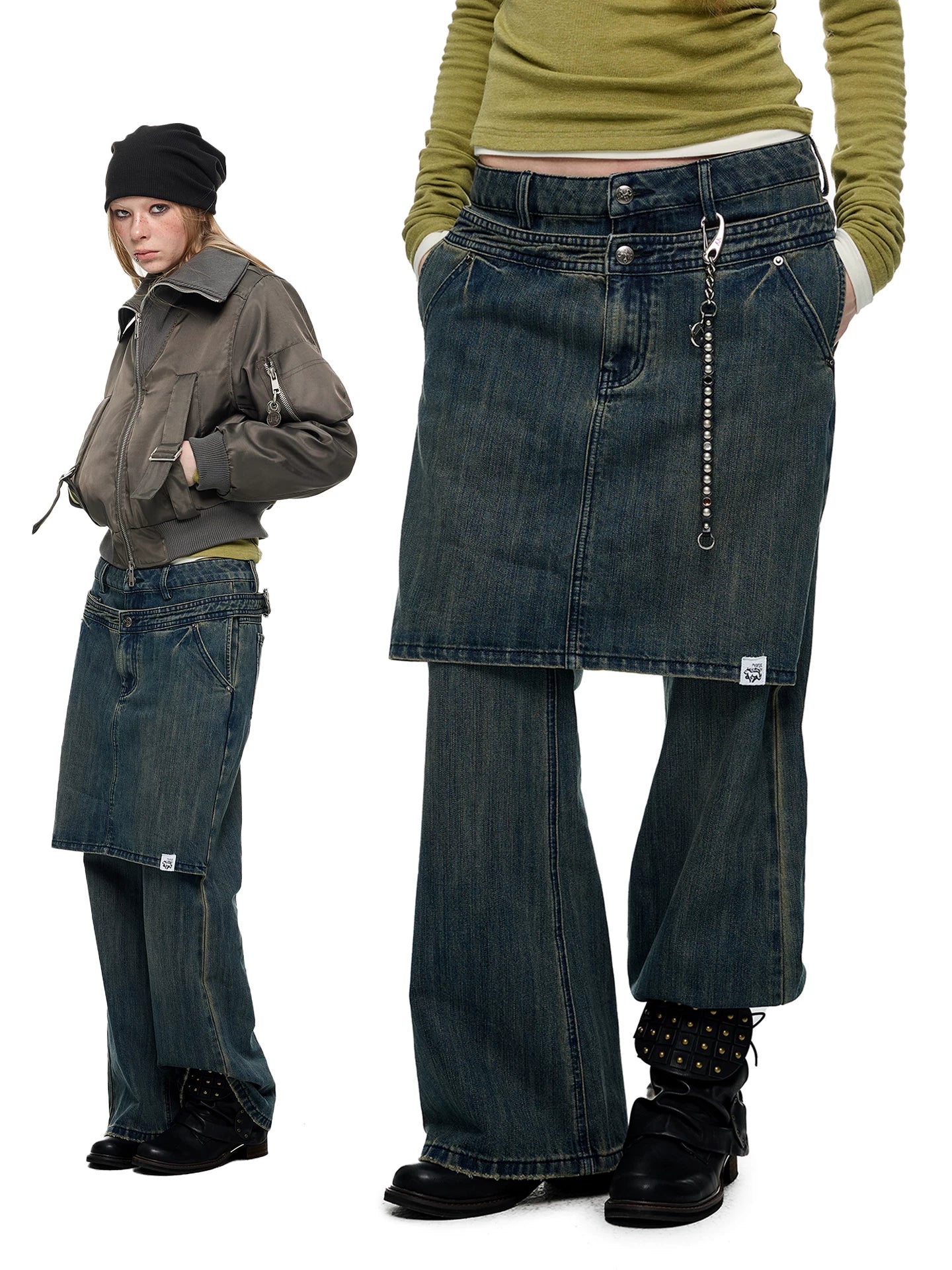 JIKOO Retro Fake Two-piece Skinny Jeans