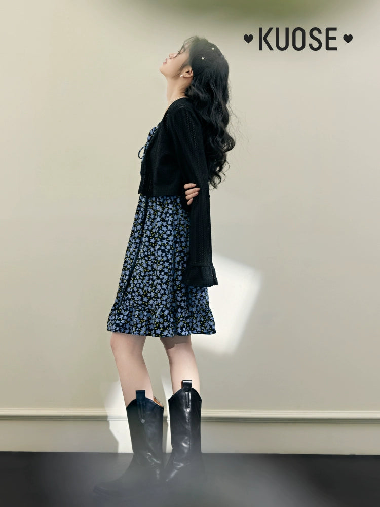 Kuose Floral Suspender Skirt Blue Two-piece Set