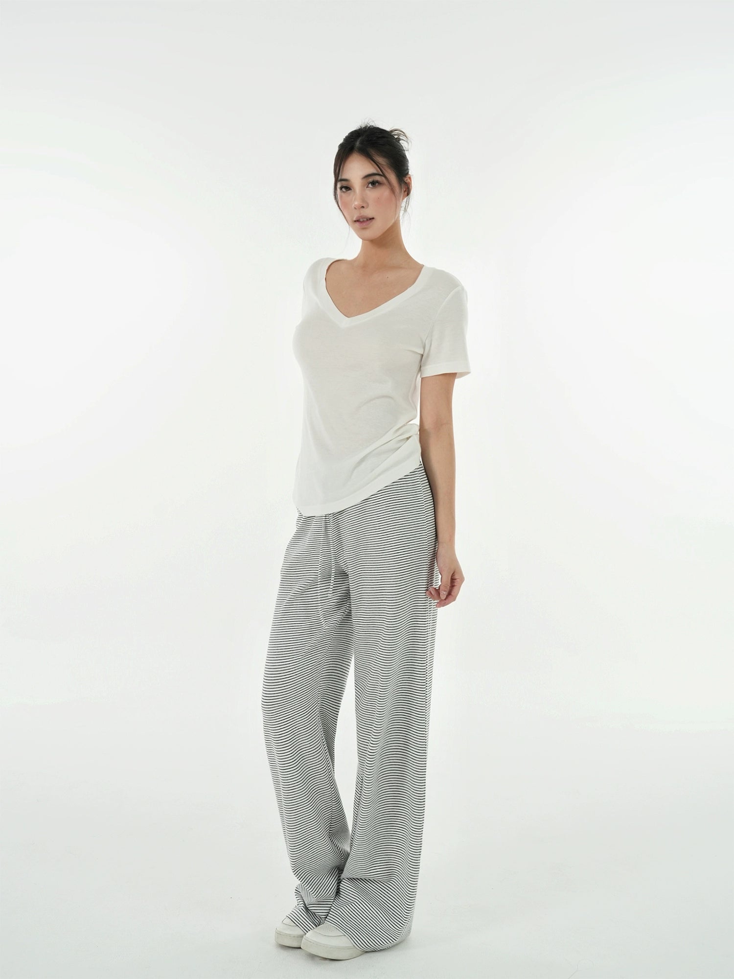 Jim Kennet Striped Slash Shoulder Straight Floor Pants Set