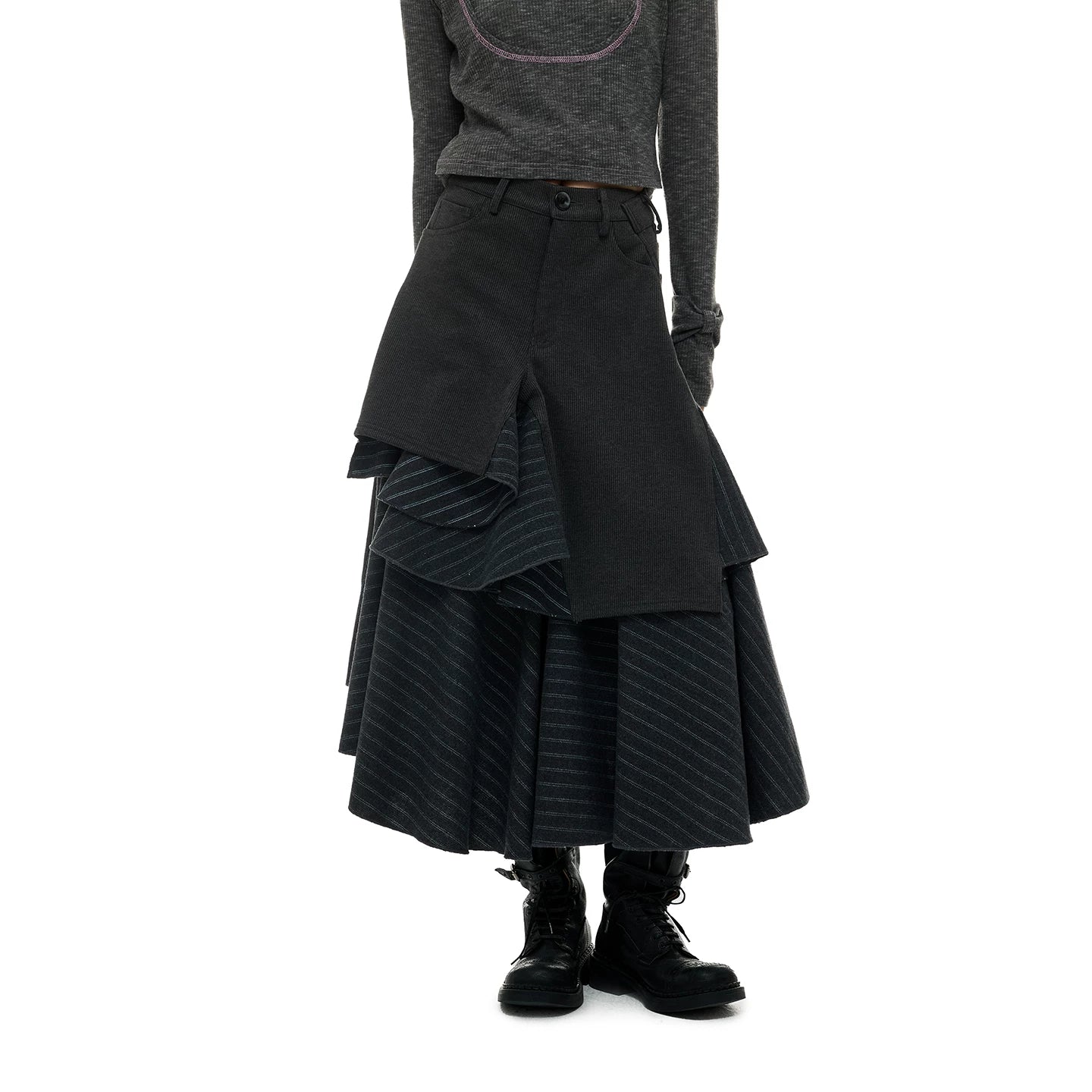 JIKOO Asymmetrical Splicing Striped A-shaped Skirt