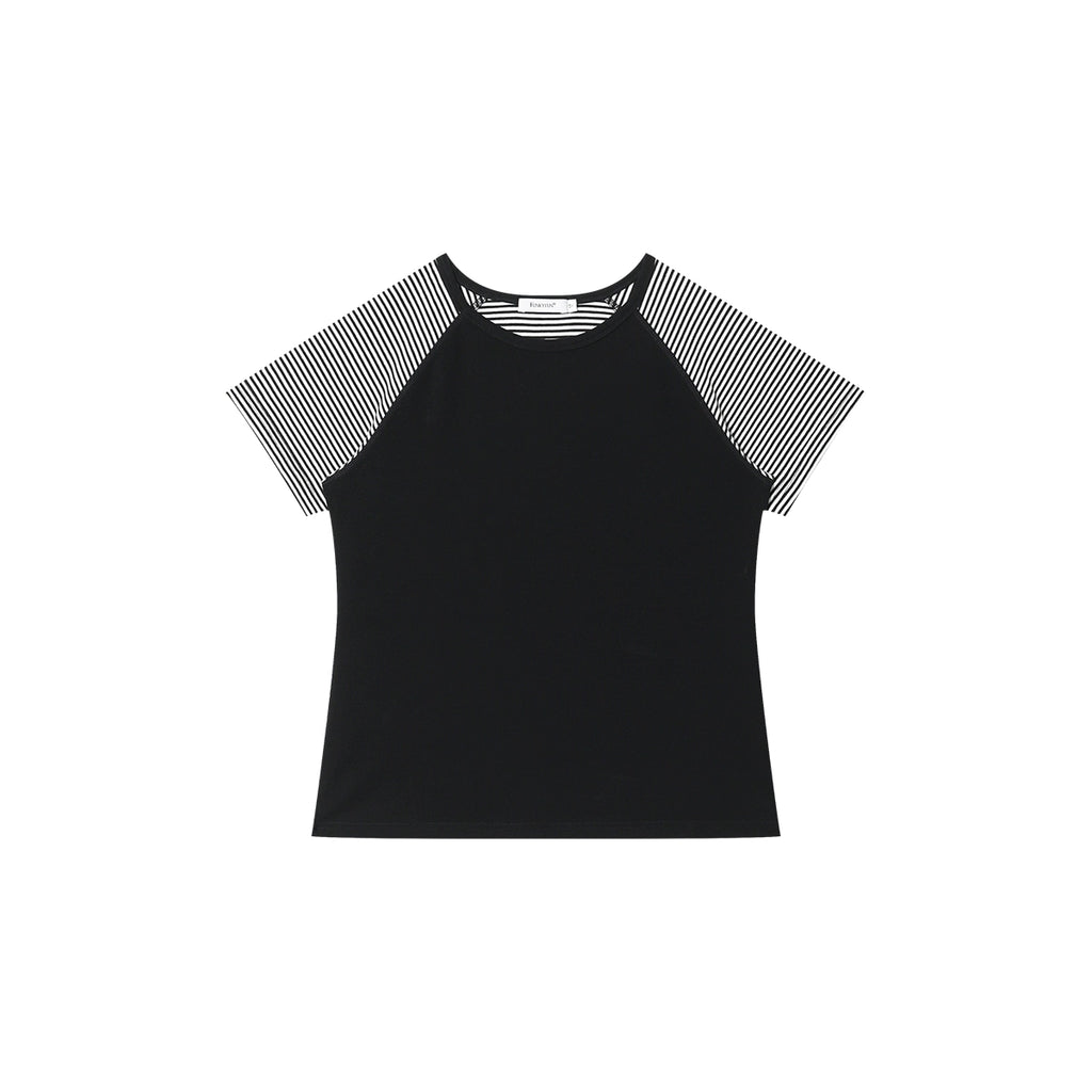 FUNKYFUN Pinstripe Contrasting Patchwork Shoulder Tee