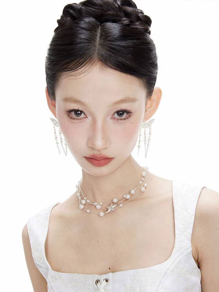 NO SOLUTION Pearl Tassel Butterfly Stud Earrings