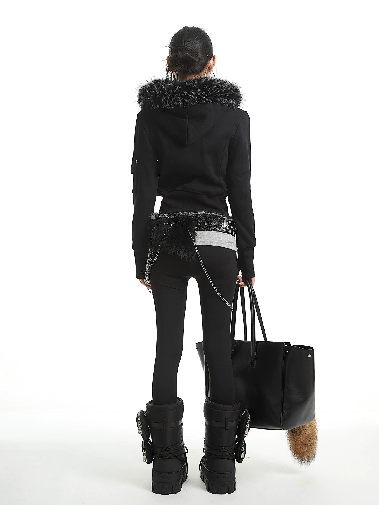 UNCMHISEX Fur Collar Hooded Fleece Slim-fitting Short Jacket