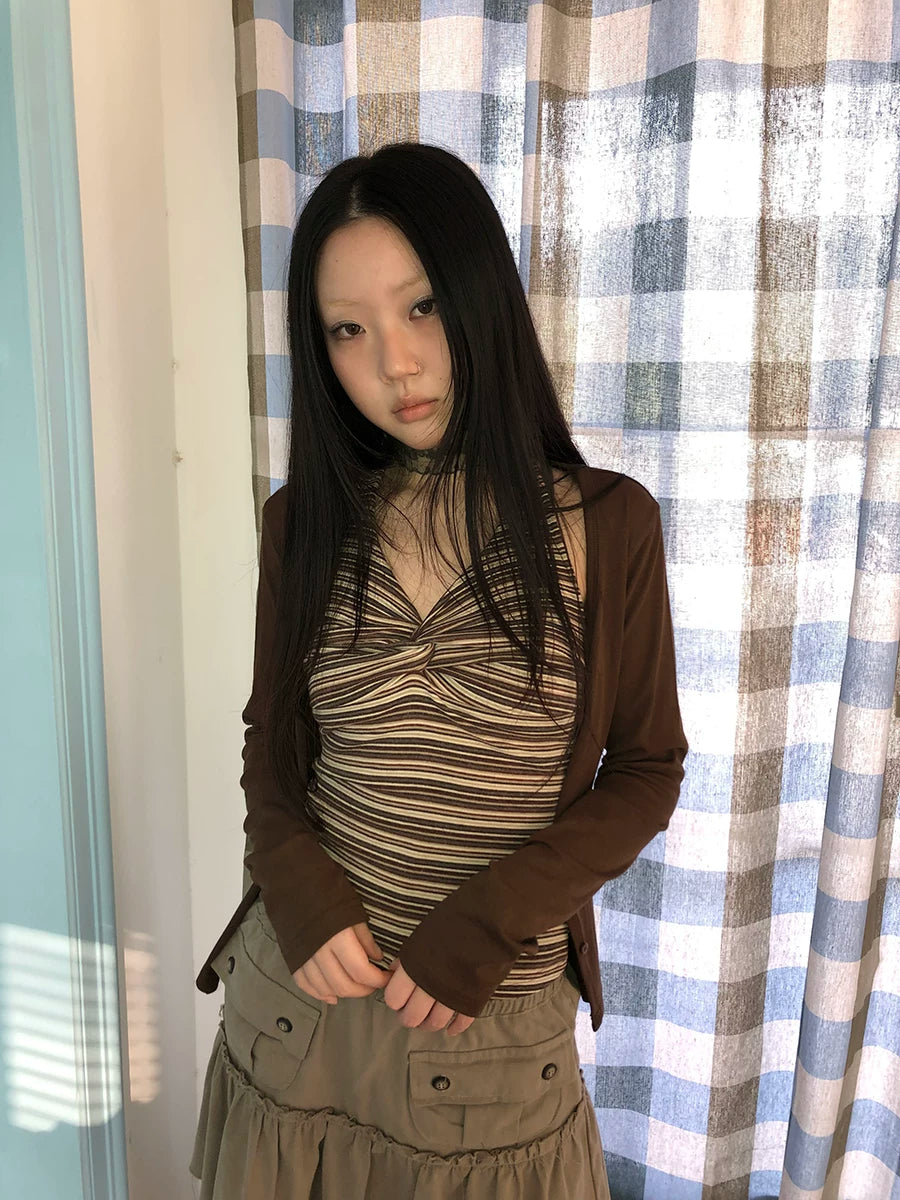 Ang: Project Striped Strap Neck Vest Long Sleeve Two-piece Set