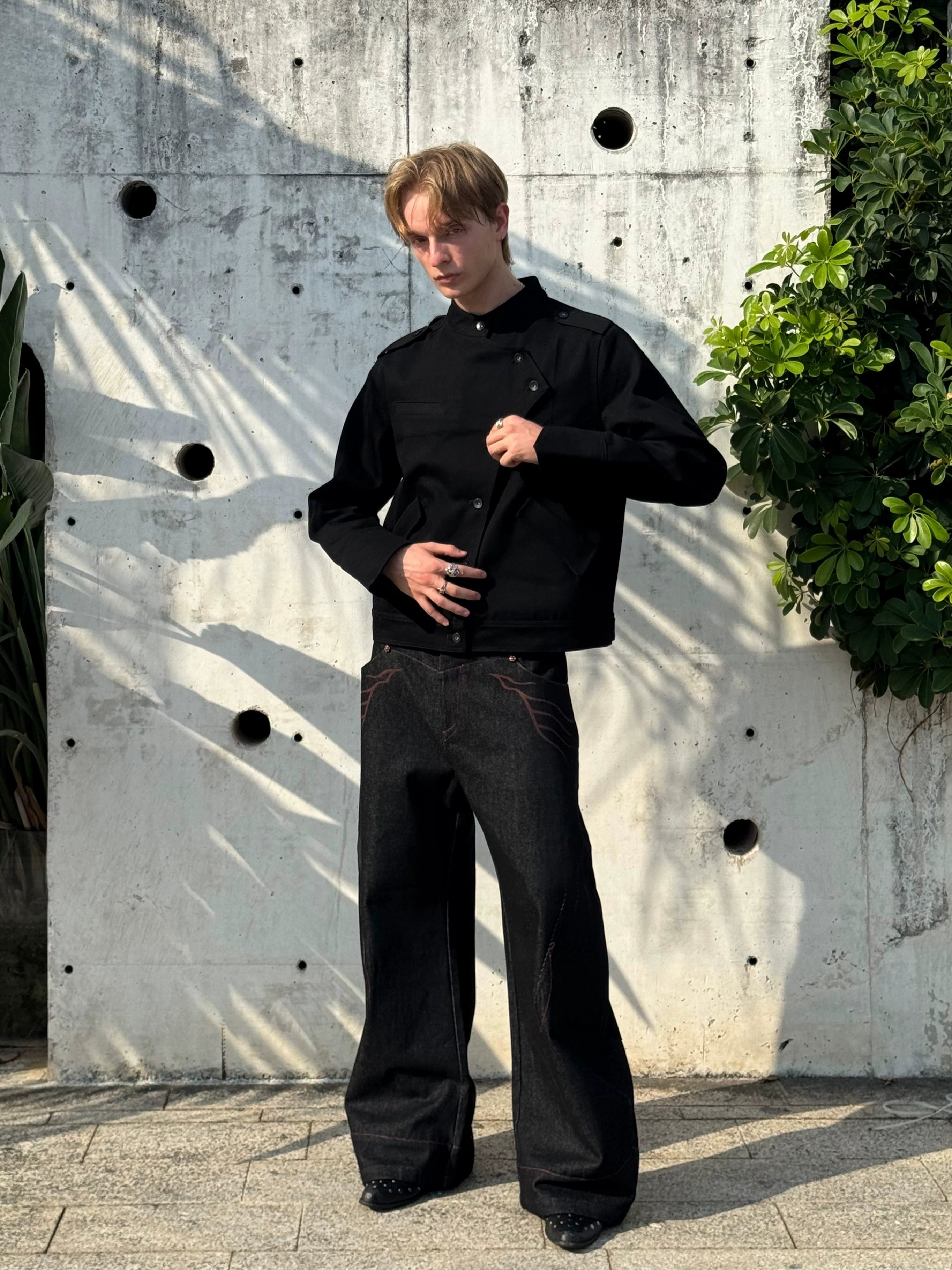 Esaias Stand-up Collar Slanted Placket Denim Jacket