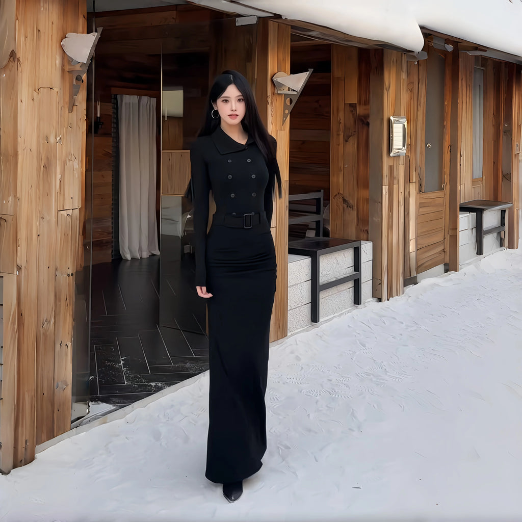 Instunning Turtleneck Long-sleeved Breasted Belt Temperament Dress