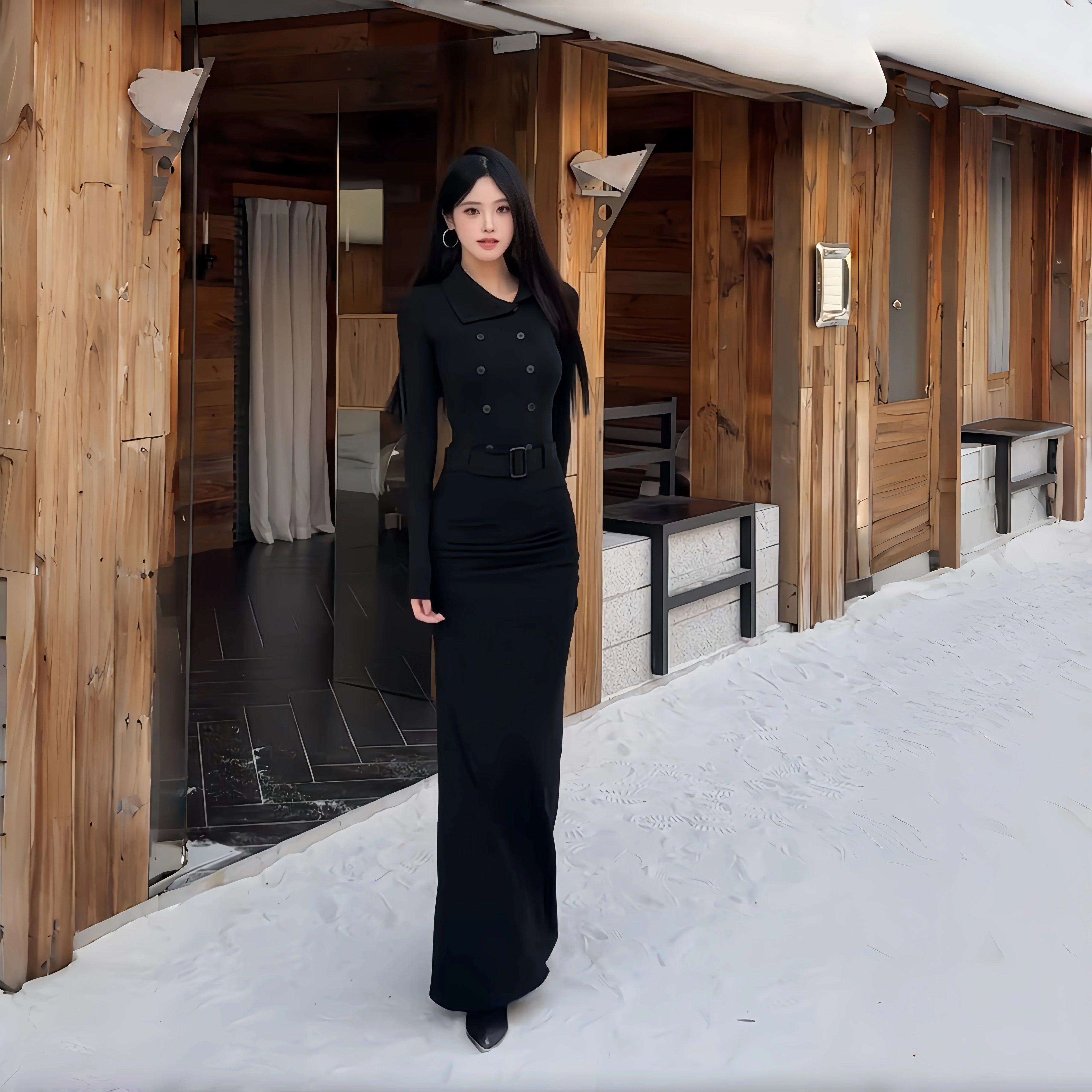 Instunning Turtleneck Long-sleeved Breasted Belt Temperament Dress