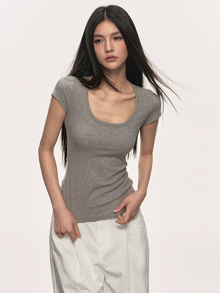 Anna Aneae Front Shoulder U Neck Slim Fit Simple Tee