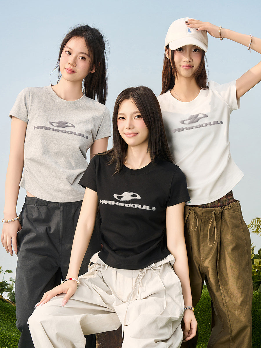 HACR Elastic Knitted Logo Front Shoulder Waist Tee