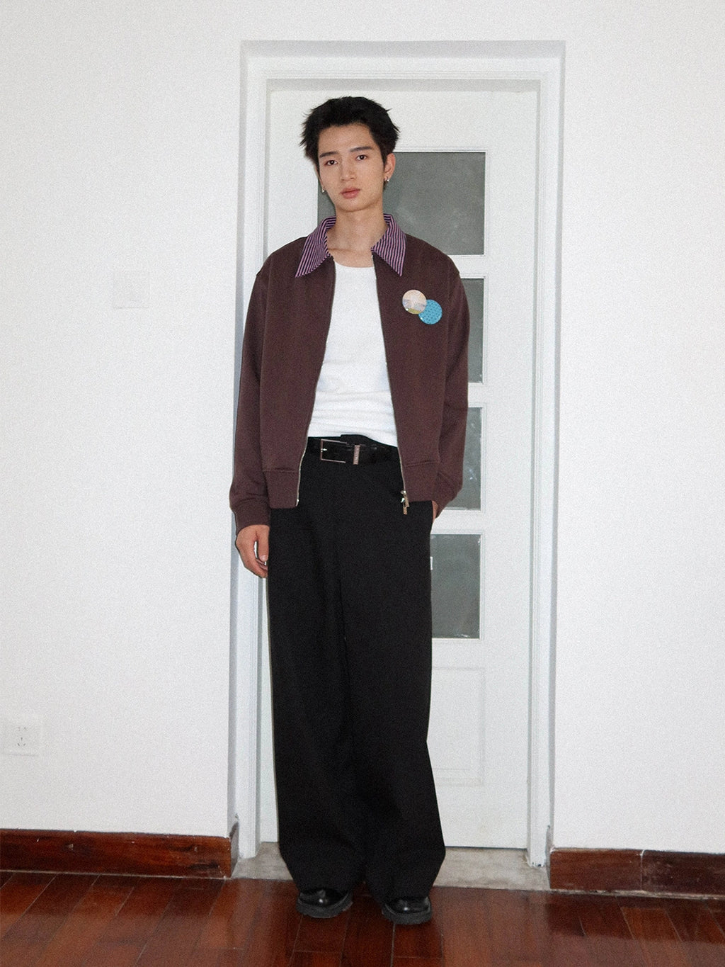 FUNKYFUN Contrasting Striped Spliced Lapel Loose Sweater Jacket